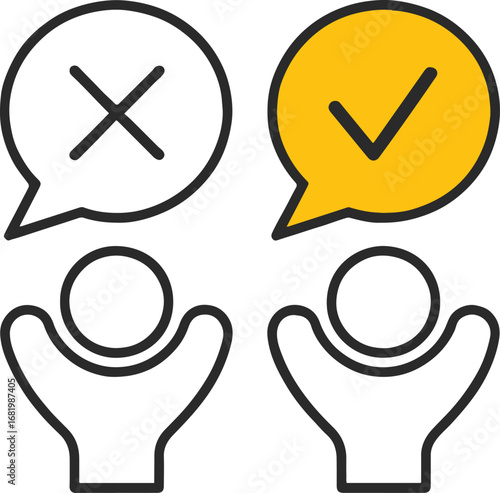 Two people with speech bubbles above their heads, one with a check mark and the other with a cross, representing the concept of choice, decision, agreement, disagreement isolated on white background