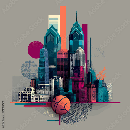 Dynamic Urban Illustration of Philadelphia Skyline with Abstract Elements and Basketball.