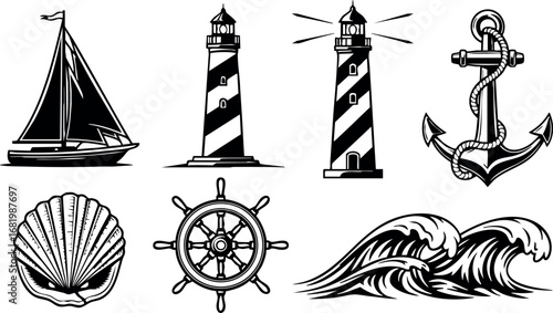 Nautical vector set with sailboat lighthouse anchor seashell ship wheel and ocean waves 