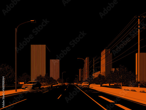 Stylized urban streetscape illustration in a striking orange and black monochromatic palette showing traffic and modern buildings.