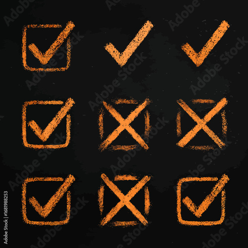 Collection of hand-drawn orange chalk checkmarks and crosses with a gritty textured style some inside sketched boxes.
