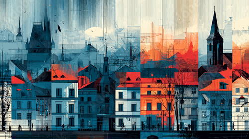 Modern Graphic Art of a European Townscape with Contrasting Cool and Warm Tones.