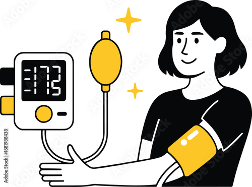 Illustration of a woman checking her blood pressure with a digital monitor, isolated on white background, representing healthcare and medical checkups in a modern style