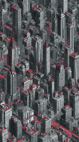 Isometric view of a dense stylized metropolis with grey skyscrapers and striking red accents.
