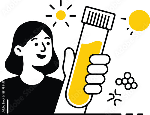 Illustration of a woman holding a test tube with urine sample, isolated on white background, representing medical analysis, research, and healthcare, with sun and molecule icons around