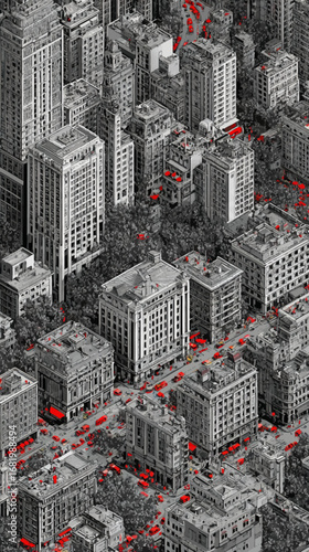High-angle view of a dense monochrome city with vibrant red cars and urban details.