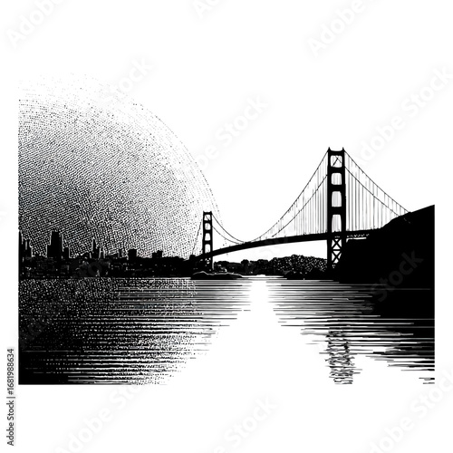 Stylized black and white illustration of the Golden Gate Bridge with a stippled sun and city skyline.