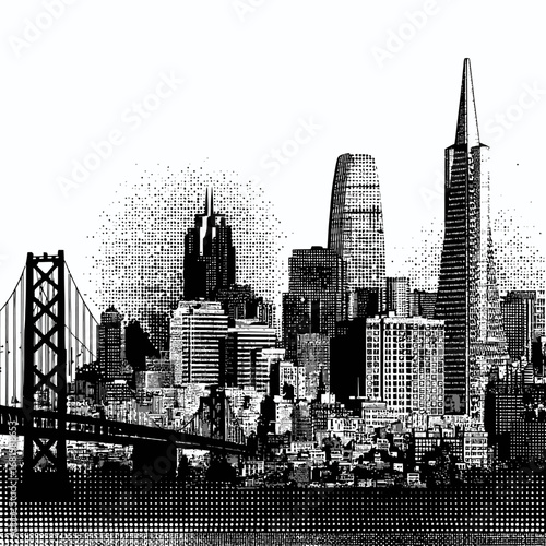 Stylized San Francisco skyline in black and white featuring iconic landmarks with a graphic halftone dot pattern.
