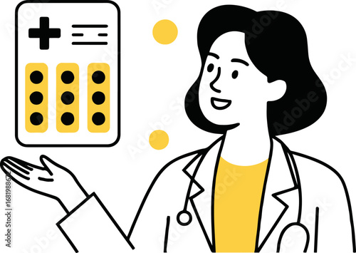 Illustration of a female doctor in a white coat presents a blister pack of pills, isolated on white background, suggesting medication, treatment, or healthcare advice in a clinic or hospital setting