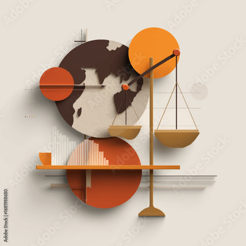 Modern abstract illustration of global justice featuring scales a stylized Earth and geometric data graphs.