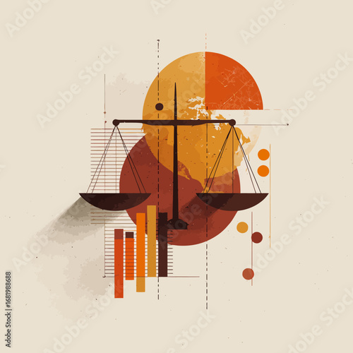 Balanced scales of justice symbol in a warm abstract geometric composition with a textured finish.
