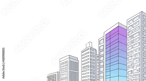 Stylized line art of city skyscrapers with a vibrant purple and blue gradient facade.