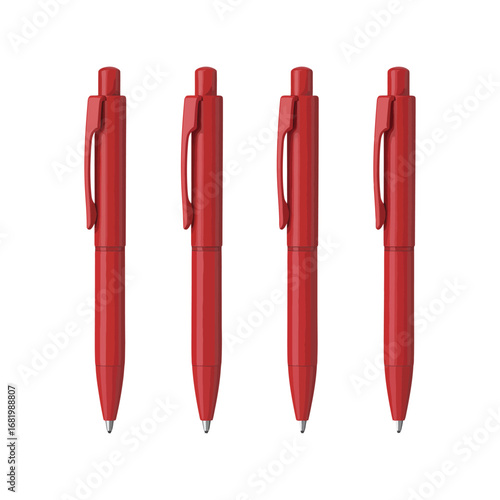 Four identical vibrant red plastic ballpoint pens, neatly aligned against a pristine white background, representing essential, durable, and practical writing instruments for daily use