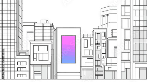 Hand-drawn architectural cityscape illustration with a vibrant pink and blue gradient screen.