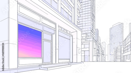 Anime-style line art of a city street with a vibrant sunset reflected in a storefront window.