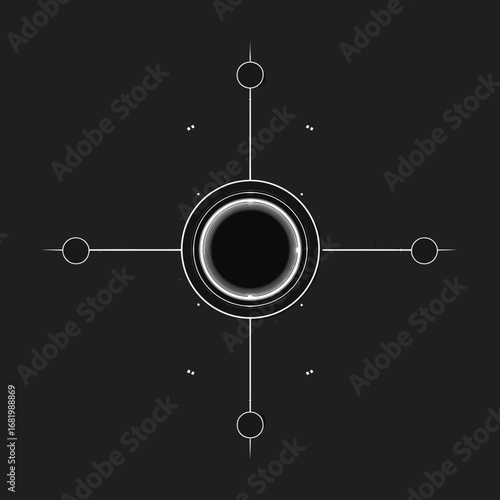 Monochrome sci-fi interface element with a central black portal and radiating geometric lines.