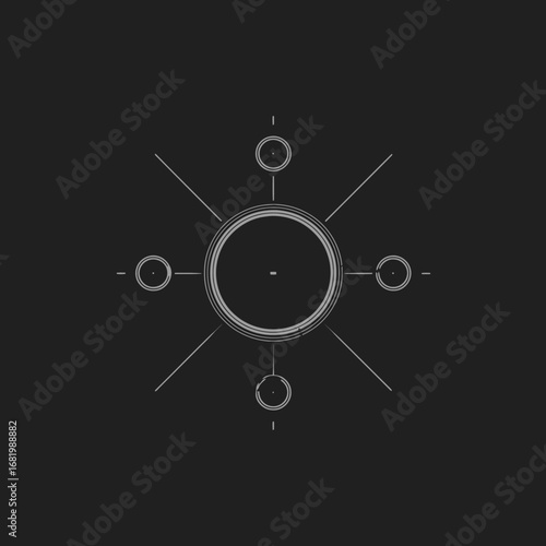 Minimalist geometric symbol with sketchy concentric circles and radiating lines resembling a celestial compass.