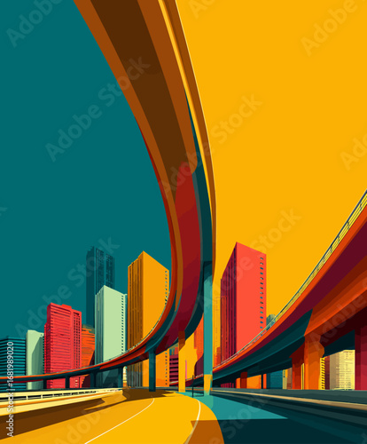 Vibrant stylized cityscape with dynamic curving elevated highways and colorful modern skyscrapers in a minimalist graphic art style.
