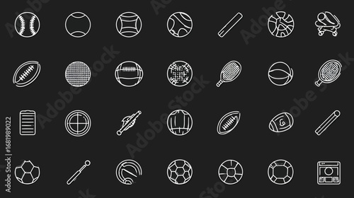Collection of hand-drawn white sports equipment icons in a chalk-like line art style A diverse set of balls rackets and other recreational items.