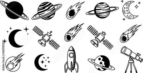 Space icons vector set with planets rockets telescopes and satellites in black and white style 