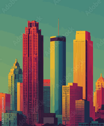 Vibrant Pop Art Cityscape Featuring Colorful Red Yellow and Blue Skyscrapers.