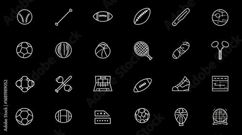 A collection of white hand-drawn sports icons Doodle style line art set depicting various athletic equipment and symbols.