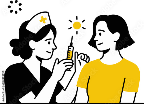 Illustration of a nurse administering a vaccine injection to a patient, isolated on white background, symbolizing health, care, and medical treatment, representing the importance of immunization and p