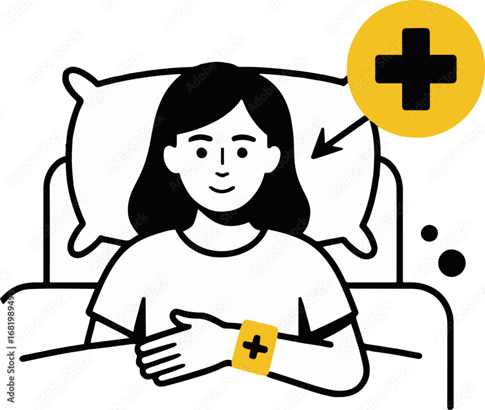Naklejka premium Illustration of a woman in bed using a health monitoring device, isolated on white background, showcasing modern healthcare technology and wellness tracking for patient care and support in a simple de