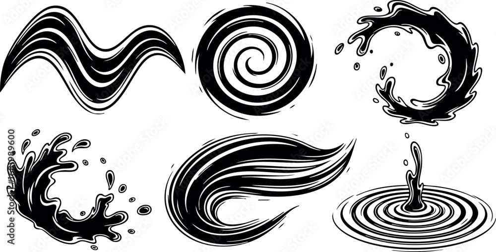 Fototapeta premium Various water splash and wave shapes black vector illustration design elements