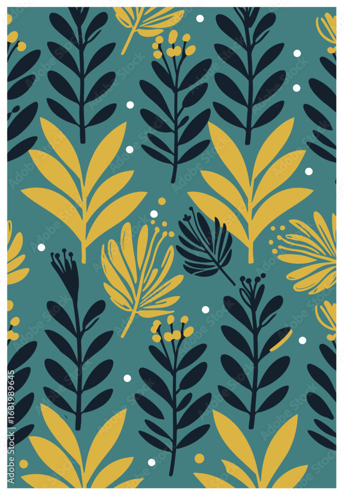 Fototapeta premium Whimsical botanical seamless pattern with stylized leaves and berries