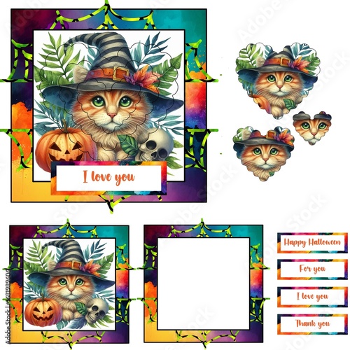 Halloween Cat in Witch Hat with Pumpkin, Skull and Greenery – 3D Card Sheet