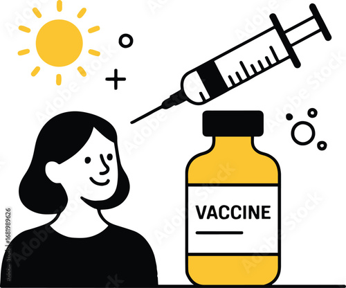 Illustration of a woman getting a vaccine injection with a vaccine bottle and sun in the background, isolated on white background