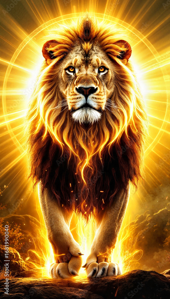 Obraz premium A majestic fiery lion with a powerful mood, personifying strength against the backdrop of a sunny glowing landscape.