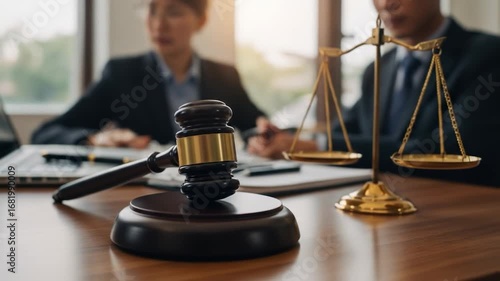 Gavel and scale on desk in office depicting legal or financial concepts