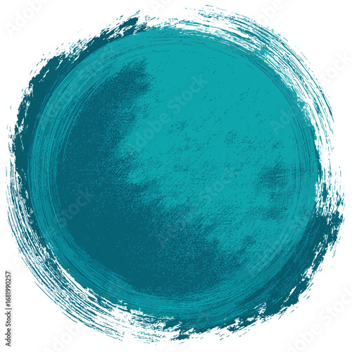 Grunge-style circular teal paint daub with rough textured brush strokes.