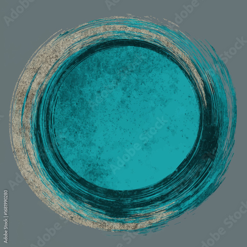 Abstract circular brushstroke frame with a textured turquoise center and sandy beige accents.