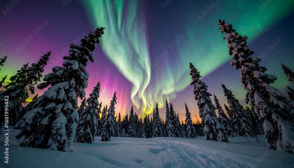 Naklejka premium Northern Lights over a snowy forest (1)