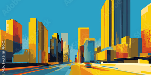Vibrant stylized cityscape illustration with bold geometric buildings in yellow and blue.