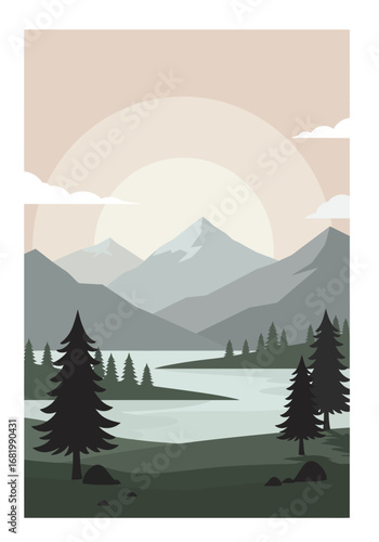Serene mountain vista with calming lake and evergreen trees artwork