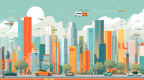 Colorful futuristic cityscape illustration with modern skyscrapers flying transport and urban traffic.