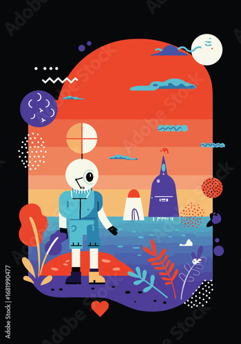 A whimsical robot illustration in a colorful alien landscape creation