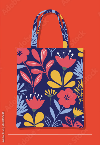 Floral pattern reusable tote bag on vivid orange background illustration