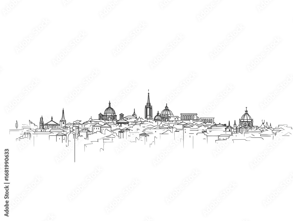 Fototapeta premium Hand-drawn architectural sketch of the Lyon France skyline a minimalist black and white panorama with iconic domes and spires.