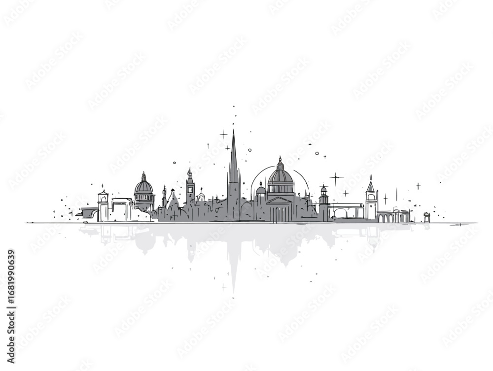 Obraz premium Monochrome hand-drawn city skyline illustration with architectural domes spires and a watery reflection.
