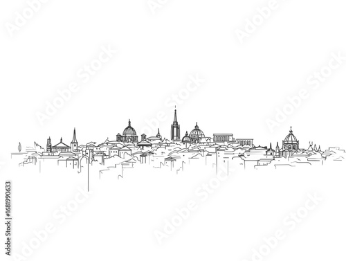 Hand-drawn architectural sketch of the Lyon France skyline a minimalist black and white panorama with iconic domes and spires.