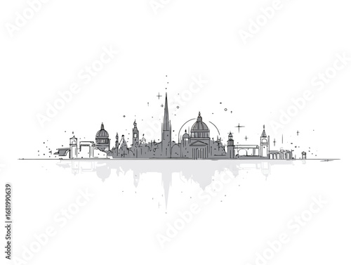Monochrome hand-drawn city skyline illustration with architectural domes spires and a watery reflection.