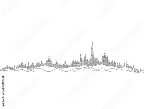 Stylized grey line art of a fantasy city skyline with various towers on an undulating base.