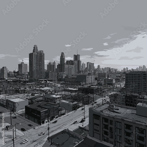 Monochromatic graphic novel style illustration of a sprawling urban cityscape with towering skyscrapers.
