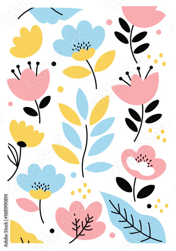 Delightful floral pattern background featuring cute stylized blossoms and leaves