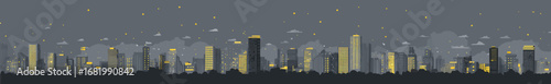 Panoramic illustration of a city skyline at night with glowing yellow windows and a starry sky.